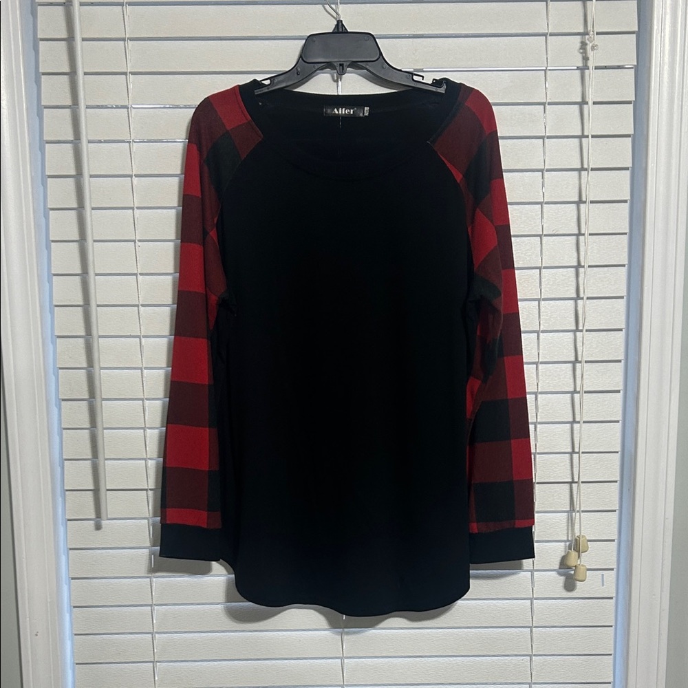 Black Crewneck Sweater with Red Buffalo Plaid Sleeves